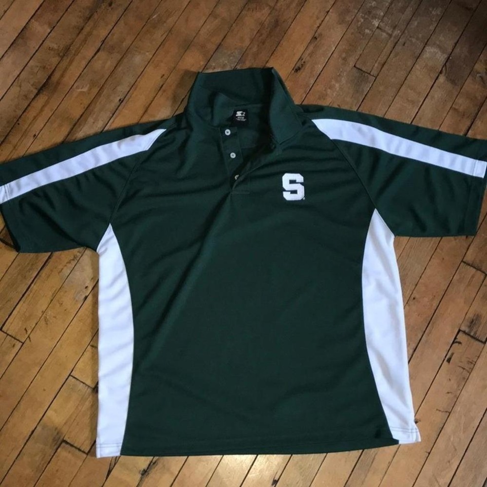 Michigan State Spartans STARTER Green and White Polo Shirt with 'S' Patch